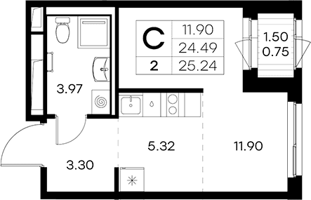 Планировка: Студия 24,5 м² в ЖК «Новоселье»