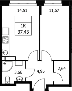 Планировка: 1-комнатная квартира 37,4 м² в ЖК «Волковская 67»