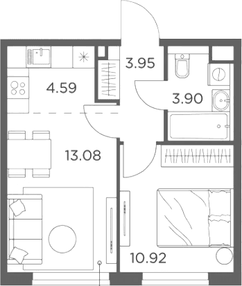 Планировка: Евродвушка 36,4 м² в ЖК «Одинград, квартал Семейный»