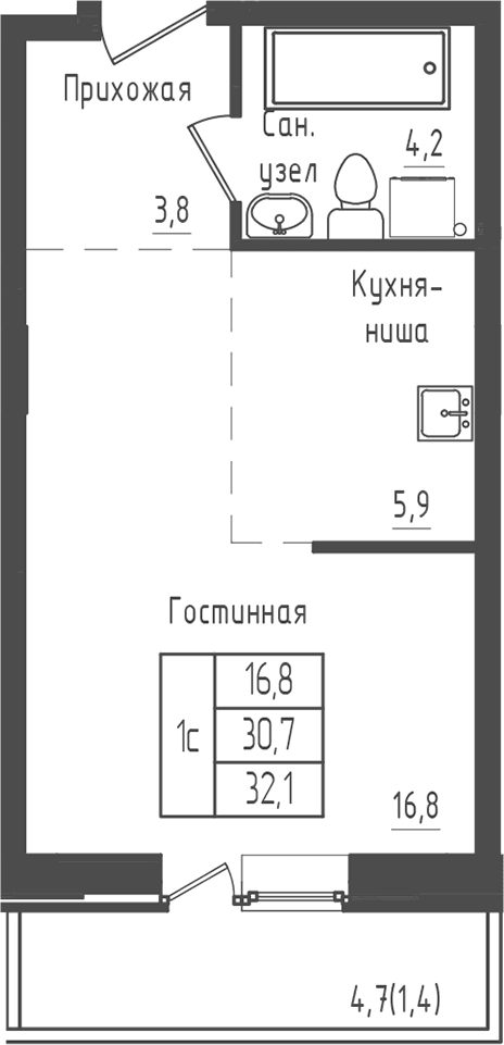 Планировка: Студия 30,7 м² в ЖК «Зеленый город»