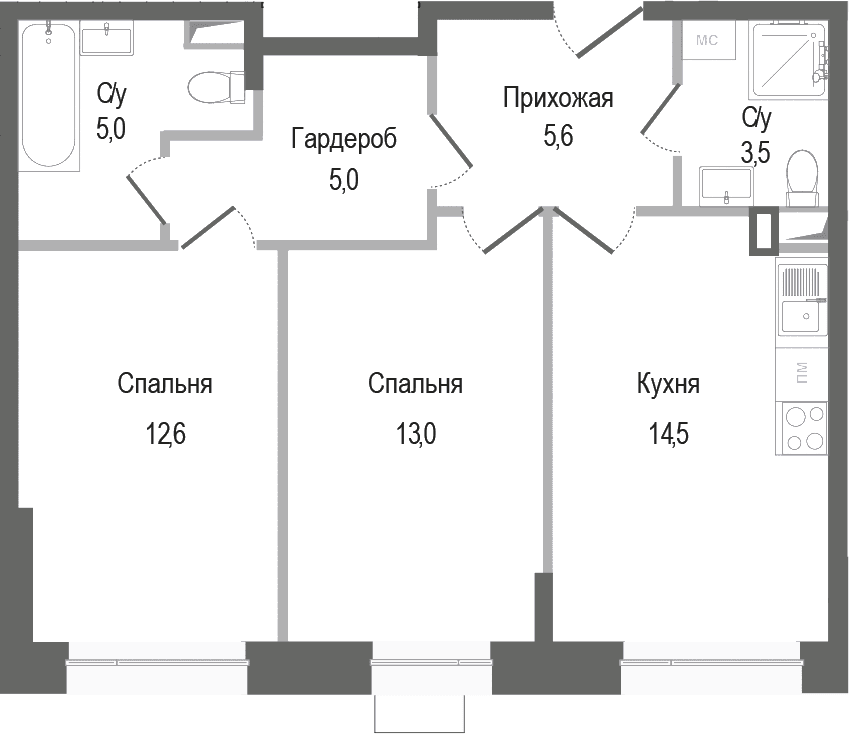 Планировка: 2-комнатная квартира 59,2 м² в ЖК «Киноквартал»