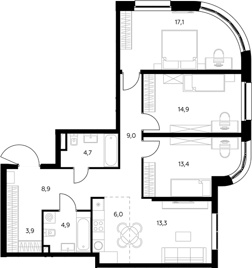 Планировка: Квартира евро-4 97,1 м² в ЖК «Адмирал»