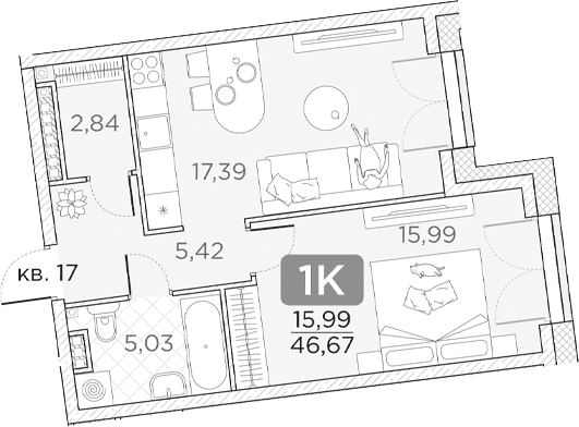Планировка: 1-комнатная квартира 46,7 м² в ЖК «Гильдия»