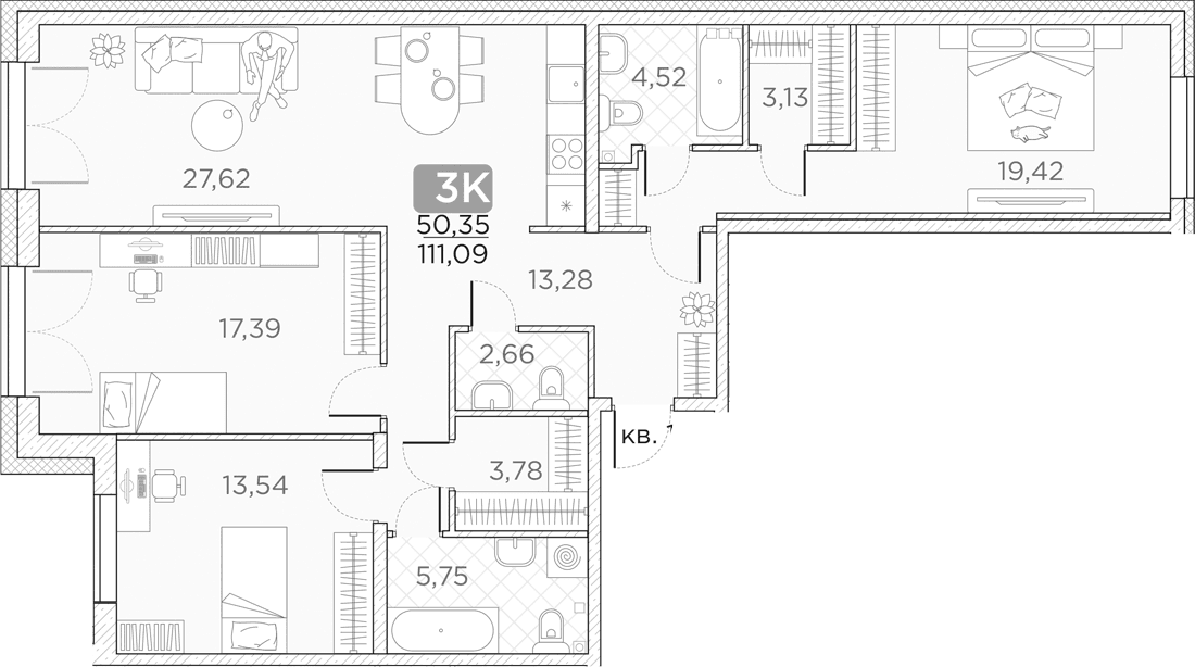Планировка: Квартира евро-4 111,1 м² в ЖК «Гильдия»