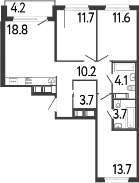 Планировка: Квартира евро-4 77,5 м² в ЖК «Передвижники»