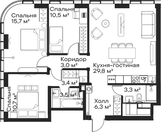 Планировка: Квартира евро-4 86,2 м² в ЖК «Сити Бэй»