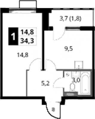 Планировка: 1-комнатная квартира 32,5 м² в ЖК «1-й Донской»
