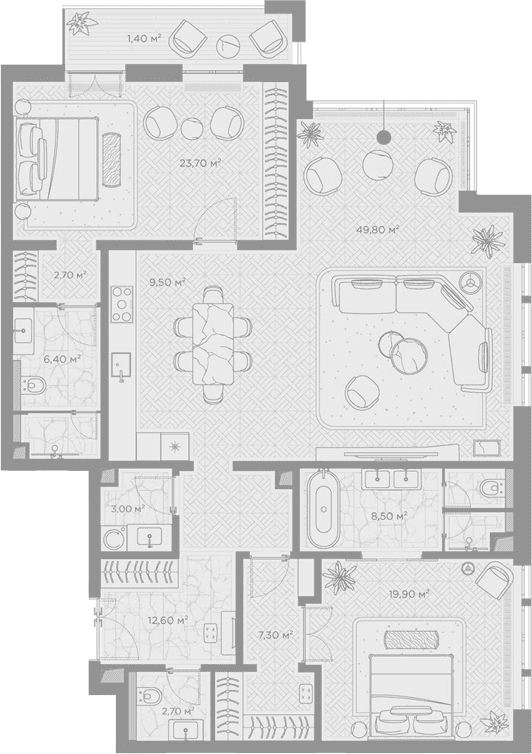 Планировка: 2-комнатная квартира 146,1 м² в ЖК «Николь»