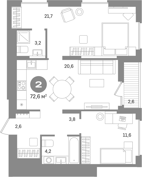 Планировка: 2-комнатная квартира 64,4 м² в ЖК «Первый квартал. Вторая очередь»