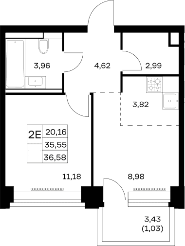 Планировка: Евродвушка 35,6 м² в ЖК «НОВА»