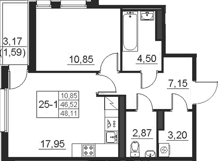 Планировка: Евродвушка 46,5 м² в ЖК «Поинт Токсово»