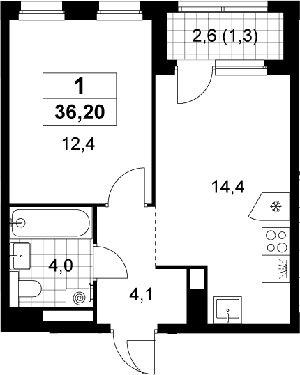 Планировка: 1-комнатная квартира 34,9 м² в ЖК «Деснаречье»