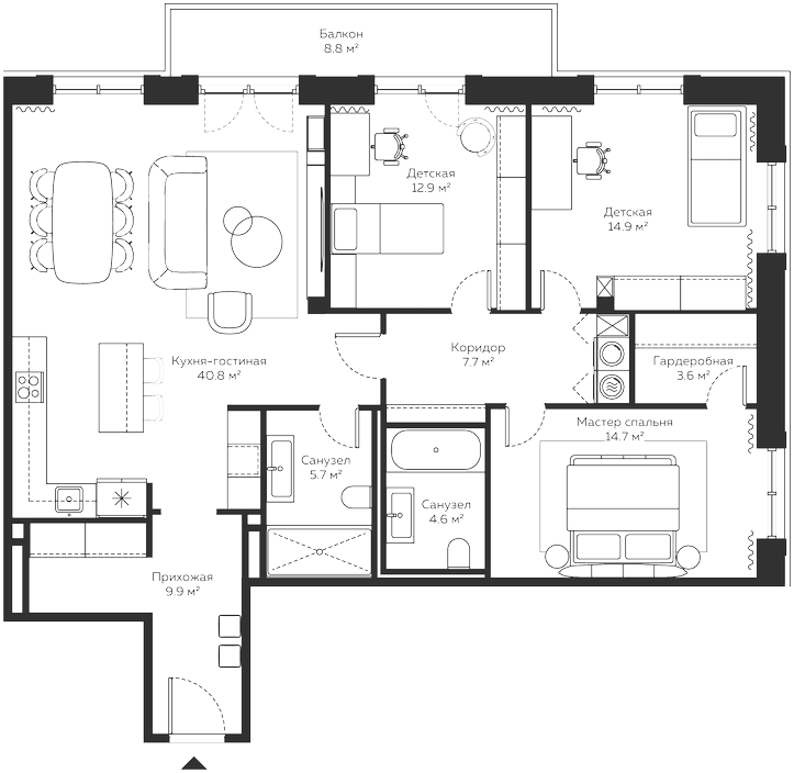 Планировка: Квартира евро-4 125,3 м² в ЖК «River Residences»