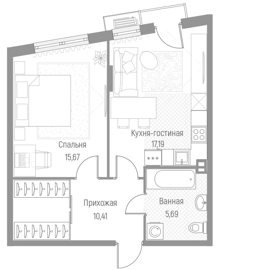 Планировка: 1-комнатная квартира 49 м² в ЖК «Эльйон»