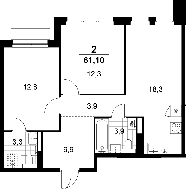 Планировка: Евротрёшка 61,1 м² в ЖК «Деснаречье»