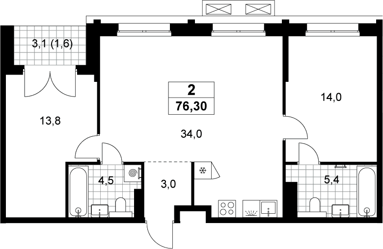 Планировка: Евротрёшка 74,7 м² в ЖК «Хольм»