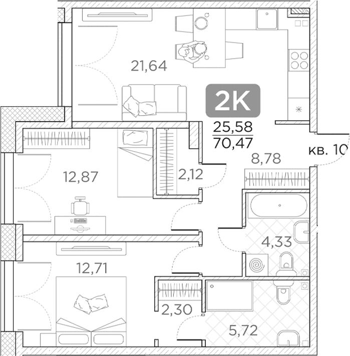 Планировка: Евротрёшка 70,5 м² в ЖК «Гильдия»