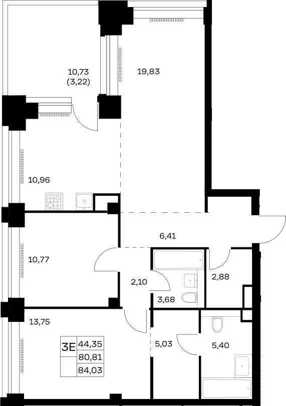 Планировка: Евротрёшка 80,8 м² в ЖК «НОВА»