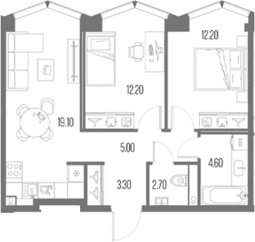 Планировка: 2-комнатная квартира 59 м² в ЖК «Северный Порт»