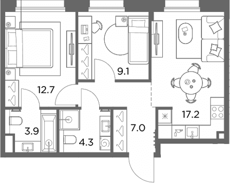 Планировка: 2-комнатная квартира 54,2 м² в ЖК «Станиславский»