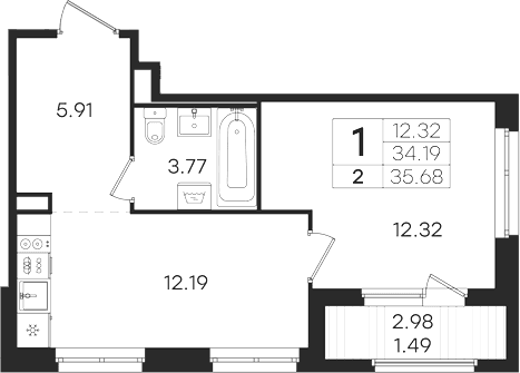 Планировка: 1-комнатная квартира 34,2 м² в ЖК «Романовка»