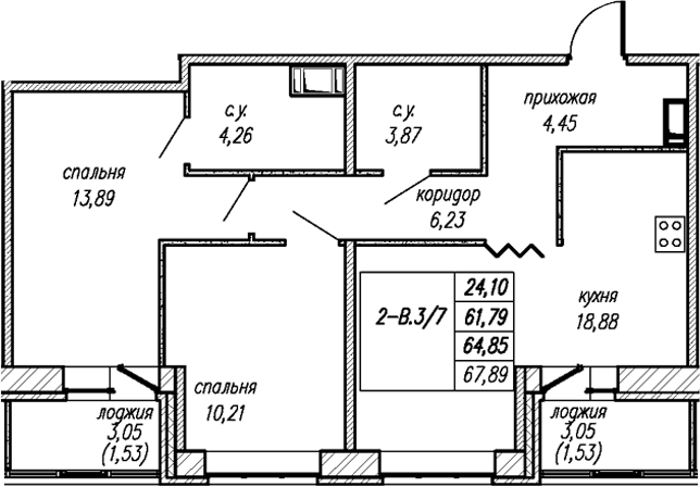 Планировка: 2-комнатная квартира 61,8 м² в ЖК «Уютный Новоселье»