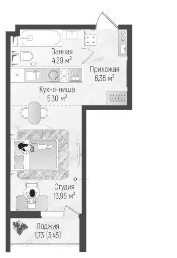 Планировка: Студия 29,9 м² в ЖК «Рига Хиллс»