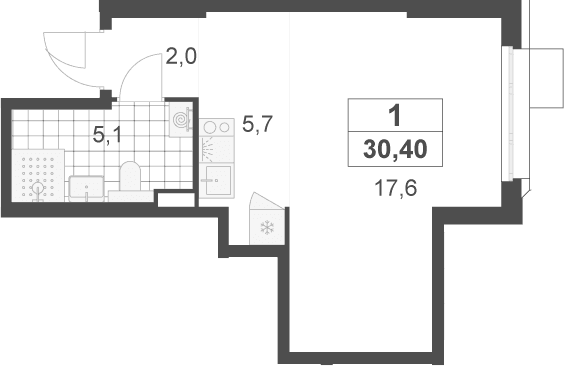 Планировка: Студия 30,4 м² в ЖК «Скандинавия»