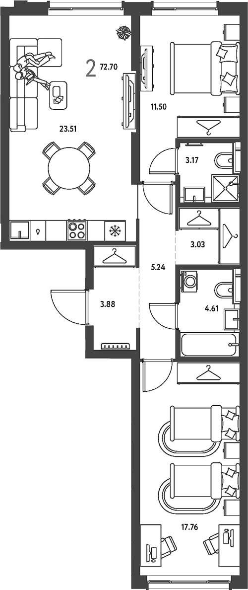 Планировка: 2-комнатная квартира 72,7 м² в ЖК «Страна.Парковая»