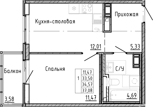 Планировка: 1-комнатная квартира 31 м² в ЖК «ОКЛА»