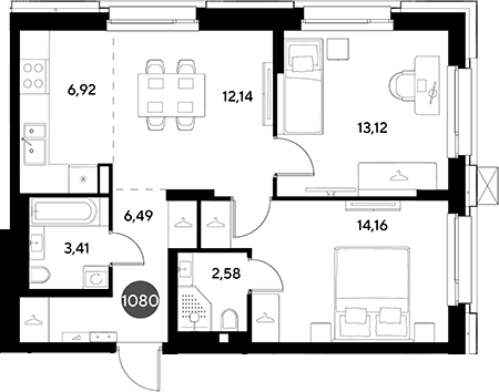 Планировка: Евротрёшка 58,8 м² в ЖК «ЭВО»