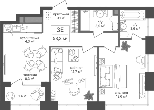 Планировка: Евротрёшка 55,5 м² в ЖК «Михалковский»
