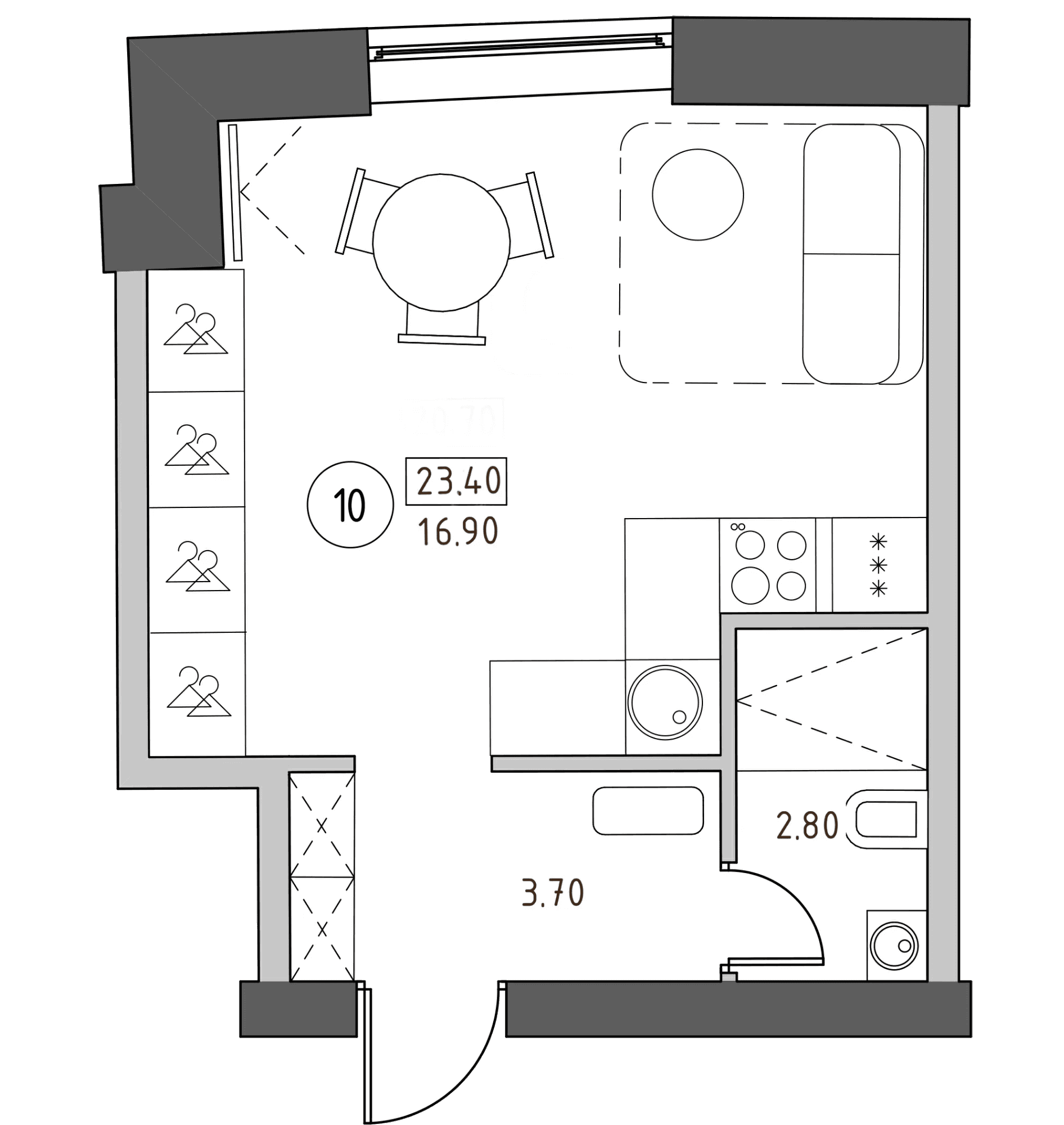 Планировка: Студия 23,4 м² в ЖК «Швецова, 4»