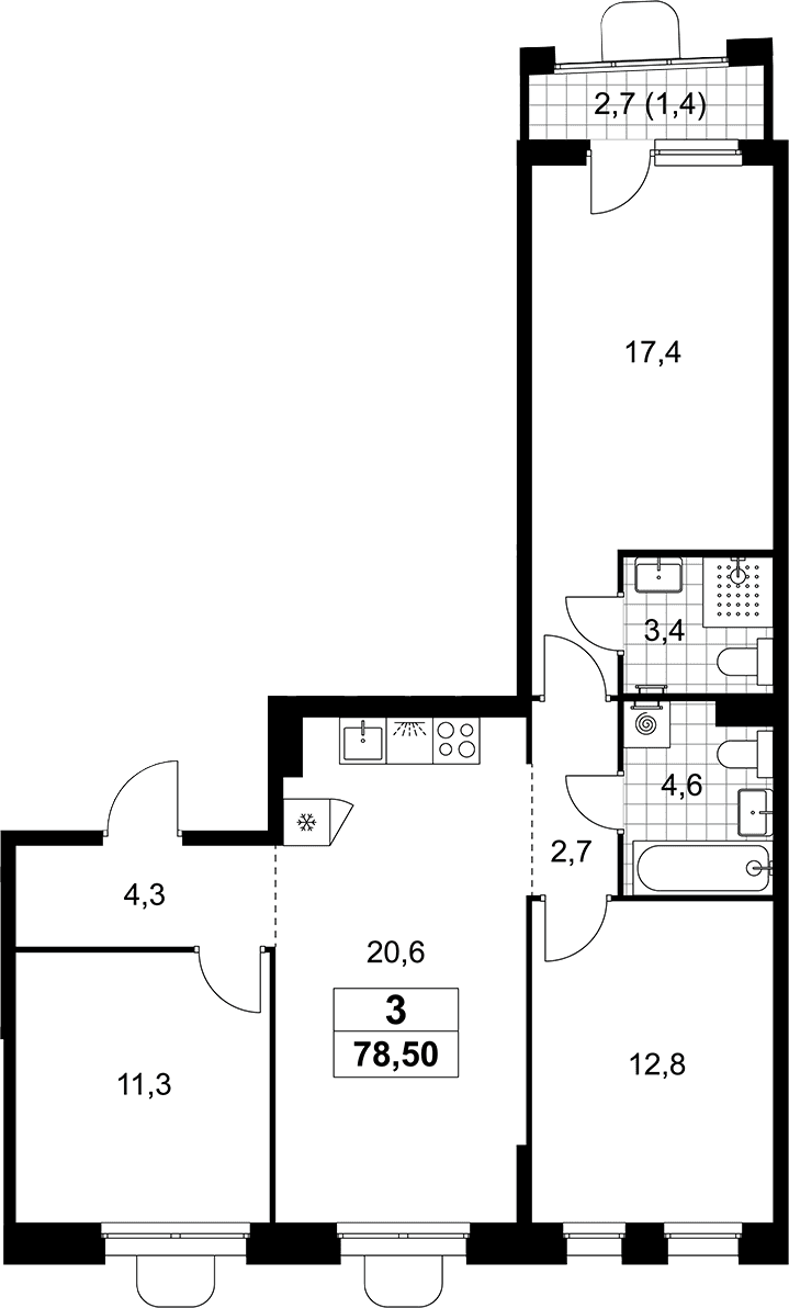Планировка: Квартира евро-4 77,1 м² в ЖК «Прокшино»