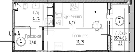 Планировка: Студия 24,2 м² в ЖК «Аквилон Верба»