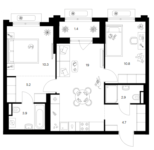 Планировка: 2-комнатная квартира 56,8 м² в ЖК «Ярославский»