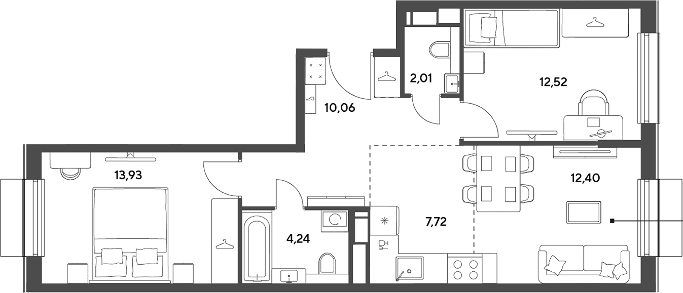 Планировка: Евротрёшка 62,9 м² в ЖК «Публицист»
