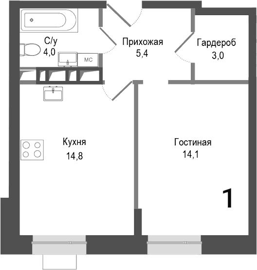 Планировка: 1-комнатная квартира 41,3 м² в ЖК «Киноквартал»