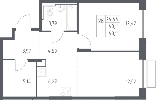Планировка: Евродвушка 48,1 м² в ЖК «Долина Яузы»