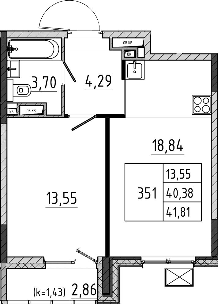 Планировка: Евродвушка 40,4 м² в ЖК «Поварово-Молодежный-2»