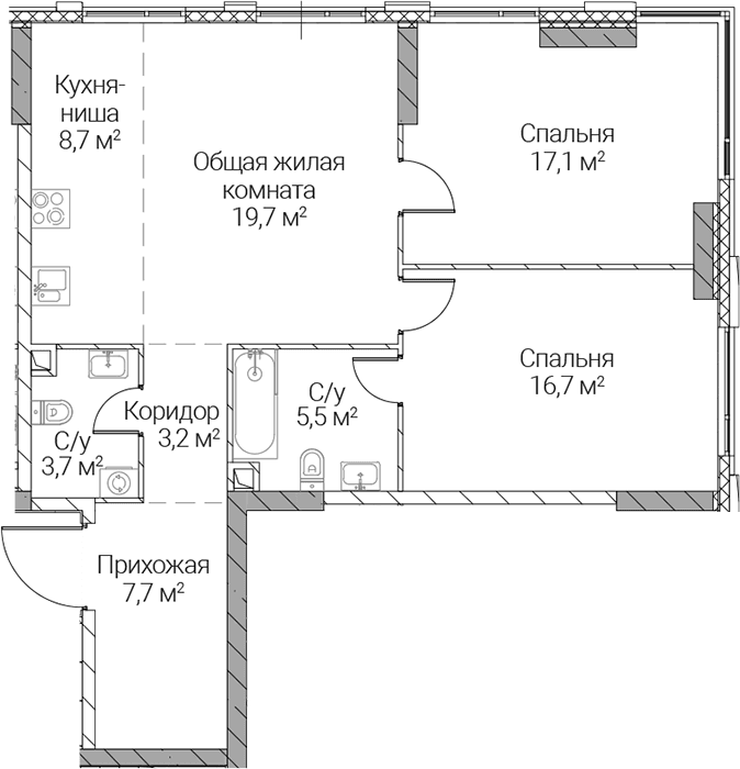 Планировка: Евротрёшка 82,3 м² в ЖК «СЕЗАР СИЛИКА»