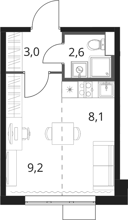 Планировка: Студия 22,9 м² в ЖК «1-й Шереметьевский»