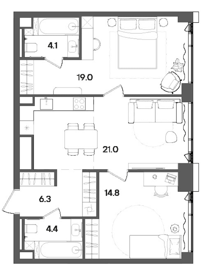 Планировка: Евротрёшка 67,4 м² в ЖК «СТОУН Грэйн»