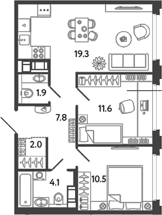 Планировка: Евротрёшка 57,2 м² в ЖК «Гений»