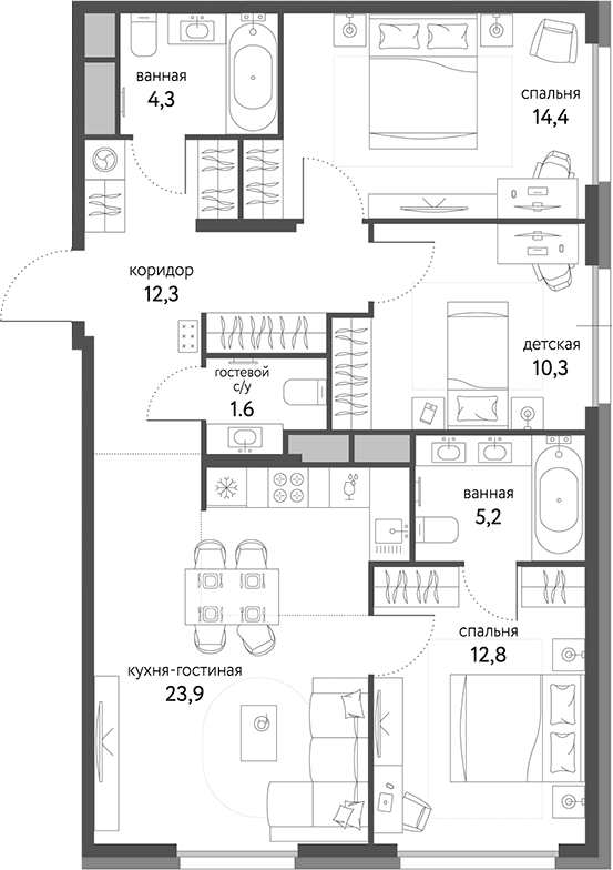 Планировка: Квартира евро-4 84,8 м² в ЖК «Сиреневый парк»