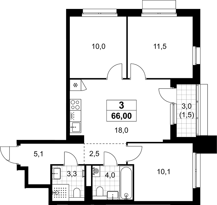 Планировка: Квартира евро-4 64,5 м² в ЖК «Деснаречье»