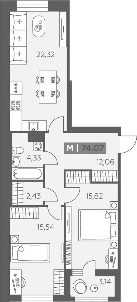 Планировка: Евротрёшка 72,5 м² в ЖК «Аквилон Солар»