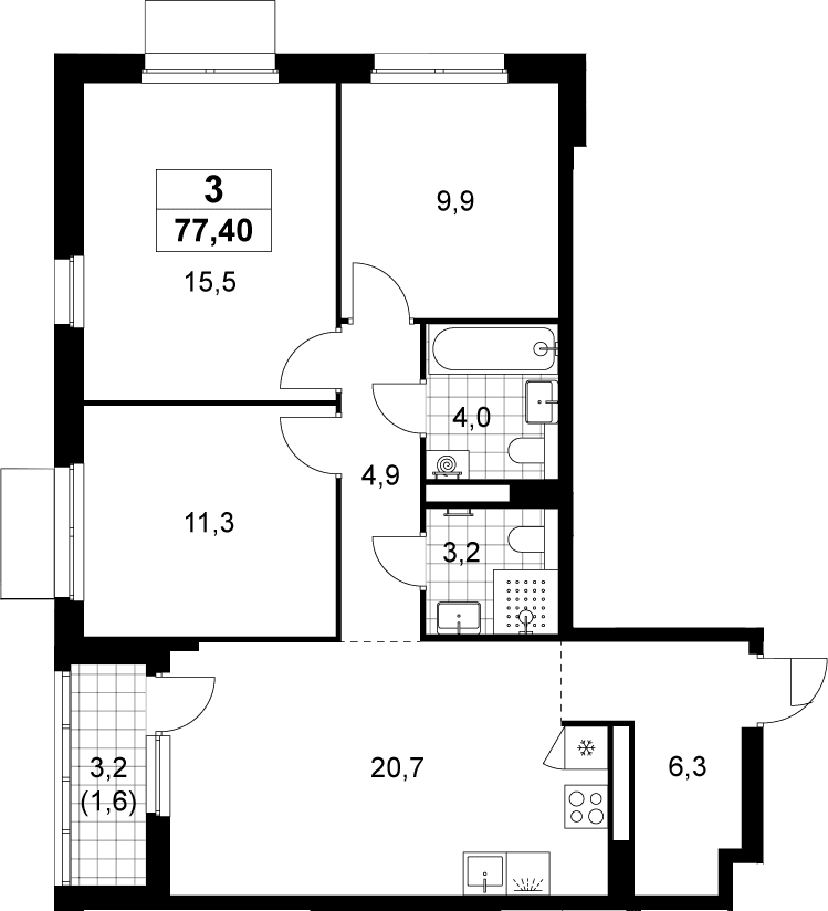Планировка: Квартира евро-4 75,8 м² в ЖК «Деснаречье»