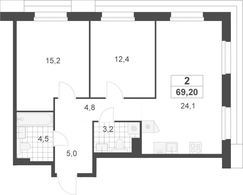Планировка: Евротрёшка 69,2 м² в ЖК «Деснаречье»