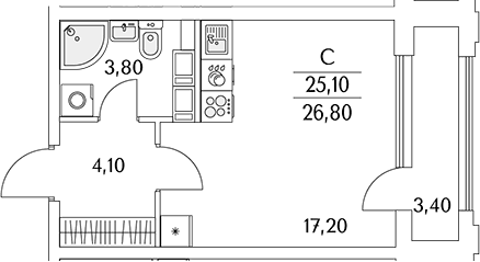 Планировка: Студия 25,1 м² в ЖК «Тайм Сквер»